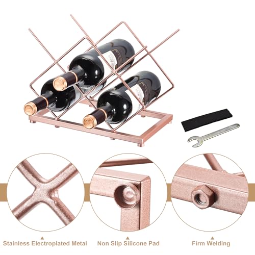 Image of uxcell Countertop Wine Rack, Tabletop Wine Bottle Holder for Up to 5 Standard Bottles, Freestanding Wine Rack for Wine Cellar Bar Cabinet, Rose Gold