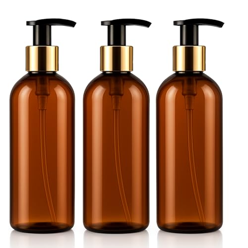Image of Prakash Empty Plastic Brown Golden Pump Bottles Dispenser 500ml Portable Shampoo Lotion Hand Bottle (Brown Golden Pump 500ML, Pack of 3)