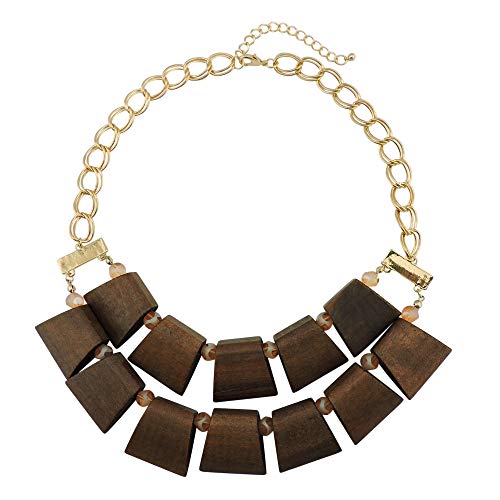 Bocar 2 Row Statement Chunky Wood Beaded Fashion Collar 16" Necklace For Women (Nk-10580) #TOP21