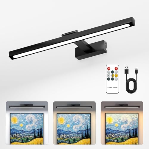 Picture Light, Rechargeable Battery Operated Lights with Remote, 15.74 Inch Wireless Art Light on Wall, 3 Colors Dimmable Timer for Library Decor, Photo Lights, Poster Light, Gallery Display(Black)