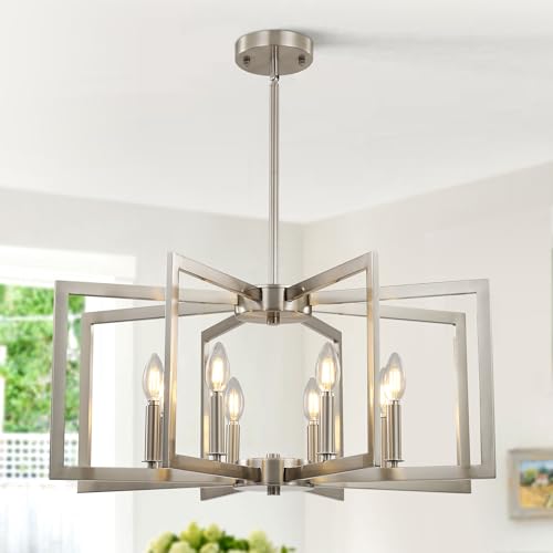 Sigaitwei 8-Light Large Brushed Nickel Chandeliers for Dining Room，Modern Industrial Pendant Lights Kitchen Island，Farmhouse Entryway Light Fixtures，Metal Geometric Chandelier for Living Room by Sigaitwei - Used condition - US$142.39