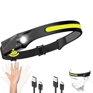 Adventure Light 2.0 - Das Original COB-Chip LED 230°Weitwinkel Stirnlampe Wiederaufladbar , USB-Typ-C Schnellladung Doppel-Schalter Handwisch-Sensor Kopfband Stoßfest Wasserdicht flexibel (1 Stück)