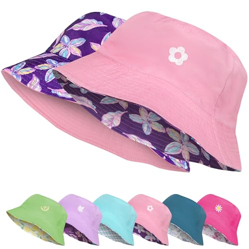 HONGTEYA Kids Sun Hat UPF 50+ Double Side Bucket Hats for Boys Girls Summer Sun Protection Wide Brim Unisex Beach Outdoor (US, Age, 8 Years, 13 Years, Purple Pink Flower)
