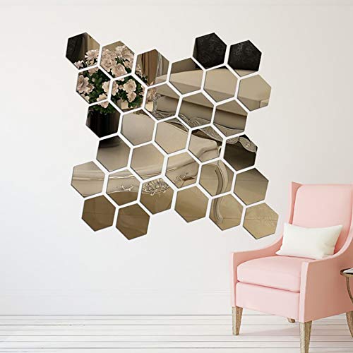 Jacklove 24Pcs 3D Hexagon Acrylic Mirror Wall Stickers DIY Art Wall Stickers Living Room Mirrored Decorative Stickers Self Adhesive Tiles