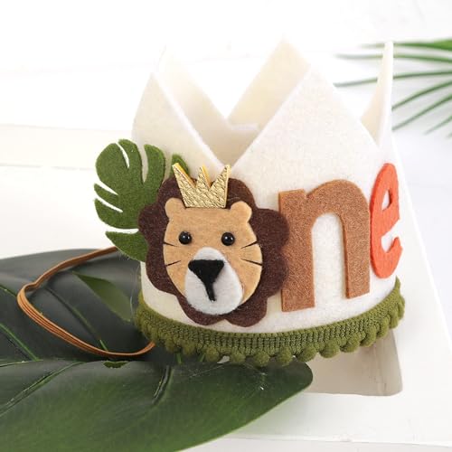 Image of Lion 1st Birthday Crown - Jungle Safari Wild One Birthday Cap Decoration for Boys, First Birthday Decoration for Baby Boy