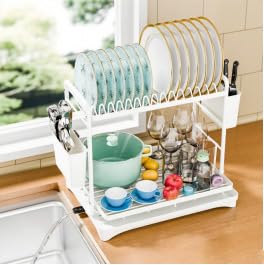 Simple Trending Dish Drying Rack for Kitchen Counter, 2-Tier Large Capacity Kitchen Organizers and Storage Rack with Cutlery Holder, White