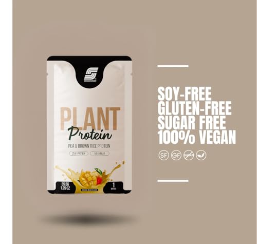 Image of Sparkfusion Plant Protein Powder Isolated Pea & Brown Rice Protein | 25g Protein per Sachet | 5.5g BCAA | Vegan, Gluten Free & Sugar Free | Alphonso Mango Flavour | Pack of 10 Sachets