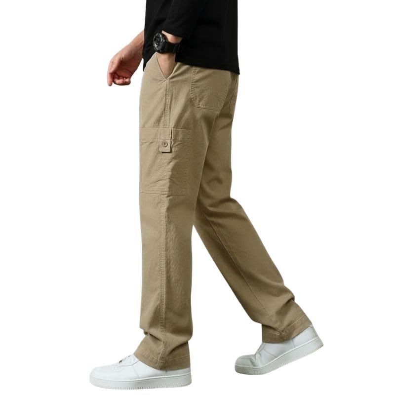 Image of Cargo for Men | Cotton Cargo Pant | Lower for man | Elastic Drawstring Waist Straight Fit Bottoms | Comfortable Breathable Summer Cargos for Casual, Office Wear