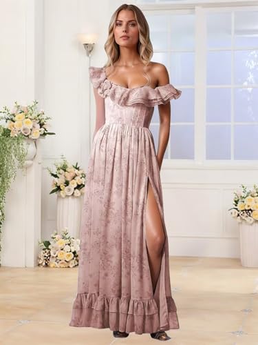 Floral Chiffon Long Bridesmaid Dresses for Women A Line Off Shoulder Formal Evening Gowns with Slit Ruffle Prom Dress3
