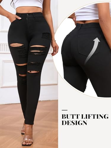 LONGBIDA Skinny Ripped Jeans for Women High Waisted Stretch Butt Lifting Jeans Slim Fit Distressed Denim Pants Jeggings Jeans
