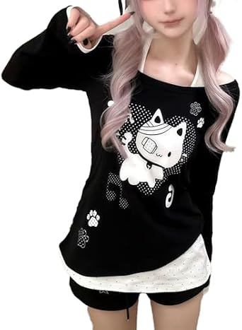 Y2K Off Shoulder Kawaii Cute Graphic Sweatshirt Casual Long Sleeves Hrajuku Tops Cat Print Pullover Sweatshirts