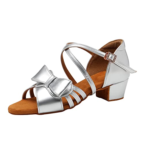 Girls Latin Dance Shoes Cute Bow Ballroom Salsa Professional Performance Practice Dancing Shoes Low Heel, Model EM-L1026