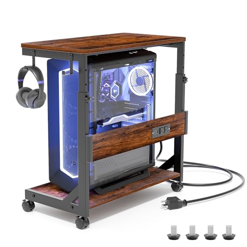 Height Adjustable Computer Tower Stand with Charge Station and USB Charging Port, 2-Tier ATX-Case Cart, Under Desk Mobile PC Stand, CPU Holder Cart with Locking Caster Wheels for Fits Most PC