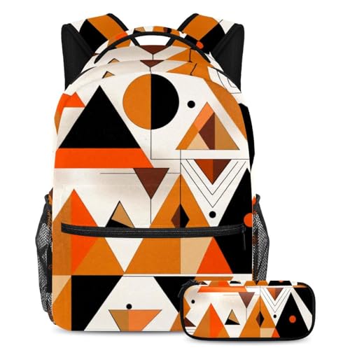Sac à dos avec trousse motif géométrique orange et multicolore pour voyage et école 29x20x40cm
