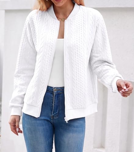 Image of WROLEM Women's Zip Up Cardigan Sweater Cable Hoodies Long Sleeve Jacket Outfits Crewneck Casual Coat