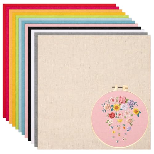 12 Sheets 12 Colors Embroidery Fabric, Pre-Cut Natural Linen Needlework Embroidery Cloth Fabric, Embroidery Cloth Squares for Embroidery Garment Craft (5.9×5.9Inch)