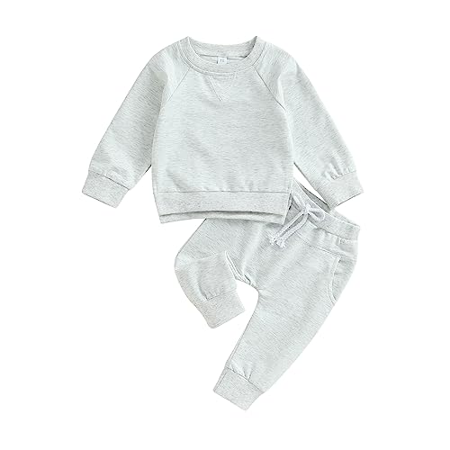 Image of HnuanLui 2Pcs Baby Boy Girl Clothes Set Solid Color Long Sleeve Split Sweatshirt Top Drawstring Sweatpants Toddler Jogger Set (Grey, 0-6 Months)