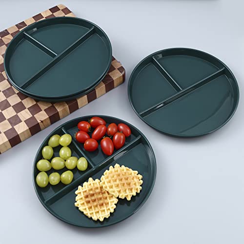 Portion Control Plates 10 Inch (4 Pack) Divided Plate Adults Plastic 3 Compartment Dinner Plate Perfect For Bariatric Diet Weight Loss Healthy Eating Reusable 3 Section Lunch Tray (Round Dark Green) #TOP5