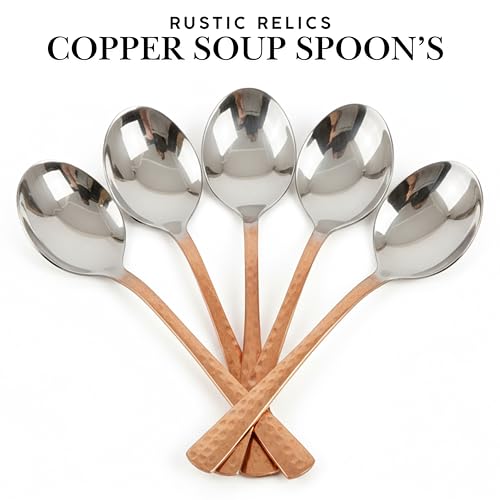 Image of Copper Soup Spoon with Stainless Steel | Set - Pack of 6 | Metal Kitchen Dining and Cutlery | Copper and Steel Metalic Finish | A Touch of Elegance to Your Dining and Dinnerware Serving