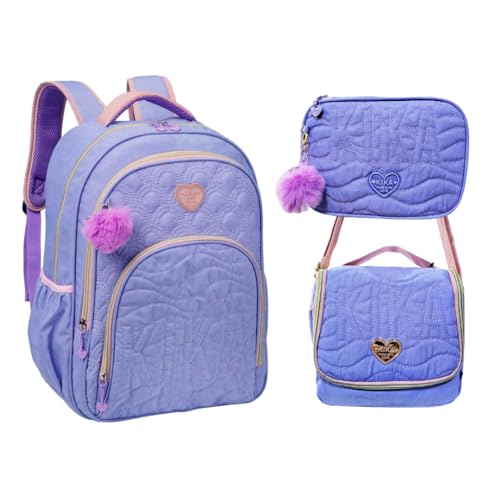 Kit Completo Mochila de Costas Lancheira Térmica e Estojo Escolar Feminino Kika Matelassê (Lilás)