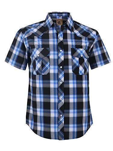 COEVALS CLUB Men's Western Cowboy Short Sleeve Pearl Snap Casual Plaid Work Shirts (Black & Blue #19 XL)