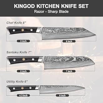 KINGOD Kitchen Knife Set 3-Piece – 8” Chef, 7” Santoku & Utility Knife – High Carbon Stainless Steel, Full Tang, Sharp Knives for Meat, Vegetables & Everyday Home Cooking