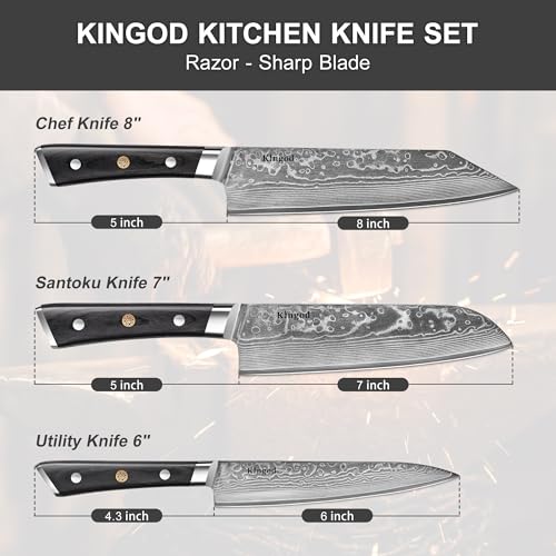 KINGOD 3-Piece Kitchen Knife Set – Chef, Santoku & Utility Knives – Full Tang VG10 Steel with Wood Handles – Sharp Japanese-Style Knives for Meat, Vegetables & Daily Cooking