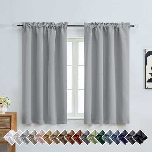 Image of Silver Grey Short Blackout Curtains for Bedroom 54 Inches Long 2 Panels, Modern Window Treatment Thermal Insulated Curtains for Living Room, Dual Rod Pocket Blackout Drapes, 2x40Wx54L Inches