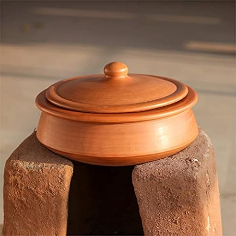 Swadeshi Blessings HandMade Exclusive Range Unglazed Clay Handi/Earthen Kadai/Clay Pot For Cooking & Serving with Lid, 2.8Liters (With Natural White Firing Shade & Mirror Shine) (Red) Cover
