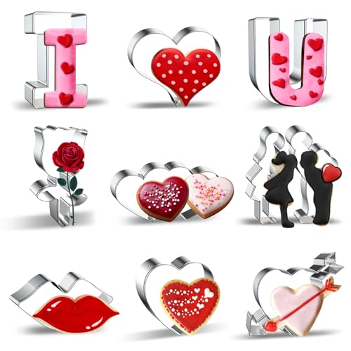 9 Pieces Valentine's Day Cookie Cutters Set, Mini Stainless Steel Romantic Cookies Cutter Includes Arrowed Heart, Couple, Heart, I Love You, Lips, Twin Hearts, And Rose Baking Mold Decorations