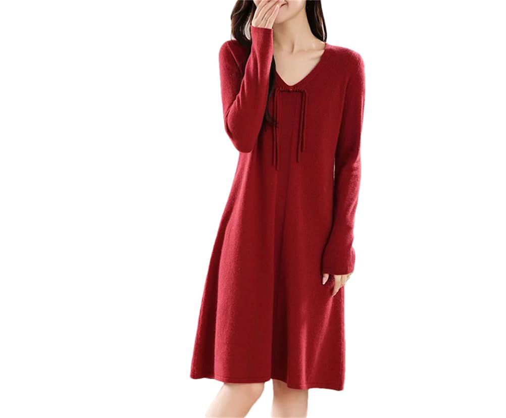 Vestido midi para mujer, con botones, manga larga, cuello en V, cálido, ajustado, vestido formal para el trabajo