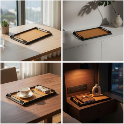 Bandeja rectangular con marco metal y asas marrón claro GT-D057 6