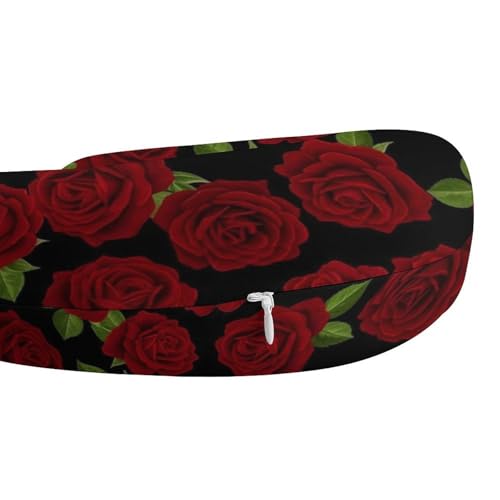 Image of Memory Foam Travel Pillow Red Rose Floral, Breathable Chin Head Support, Washable Zip Cover for Airplane Car Office Pain Relief