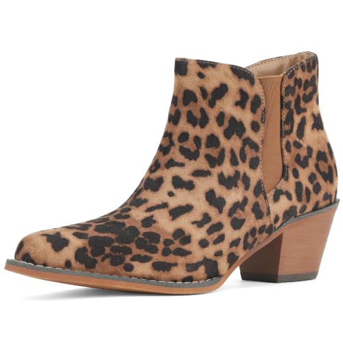 WOKOOT Ankle Cowboy Boots for Women Short Western Cowgirl Booties Embroidered Chunky Heel Fashion Snip Toe Casual Boot Cheetah Size 10