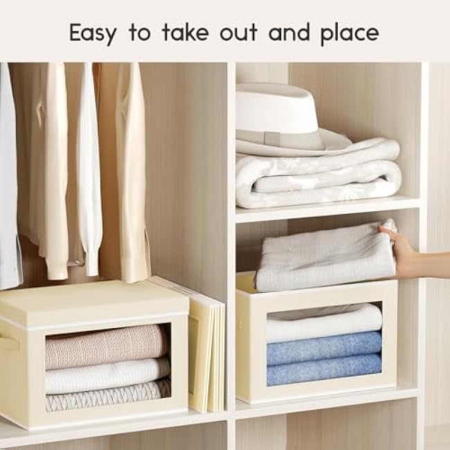 Collapsible Storage Bins with Lids - Stackable Storage Containers with Window, 6 Pack Fabric Organizing Bins for Closet, Home & Office Organization Baskets, Beige, 14.9 x 9.8 x 9.8