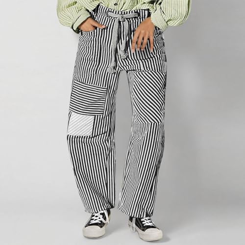 Sinzelimin Women Wide Leg Pants Fashion Drawstring High Waist Pachwork Y2k Striped Sweatpant Loose Casual Full Length Trouser2