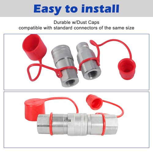 Image of 1 /2 inch Body & 1 /2 inch NPT Hydraulic Quick Connect Fittings Thread Set, Flat Face Hydraulic Couplers with Dust Caps, High Flow Skid Steer ISO 16028 Hydraulic Fittings