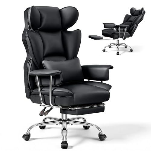 ALLGOD Office Chair Comfy, Big and Tall Executive Leather Chair, High Back Ergonomic Wide Chair with Footrest, Reclining Computer Desk Chair, Heavy Duty Gaming Chair with Padded Arm and Pillow, Black