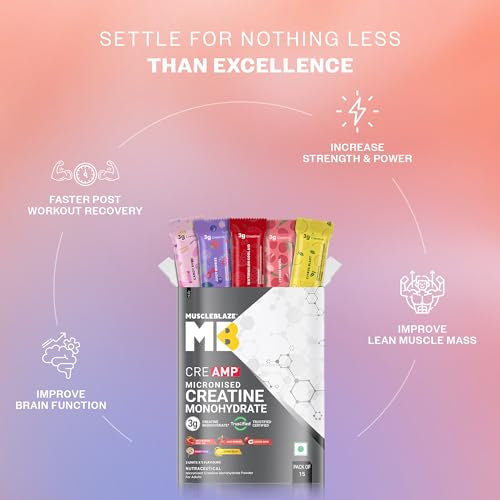 Image of MuscleBlaze Micronised Creatine Monohydrate CreAMP Powder Assorted Flavours (15 Sachets, 4g Each) - Citrus Blast, Watermelon Kool Aid, Juicy Berries, Candy Rush & Lychee Swirl | Travel Pack | Trustified Certified Creatine