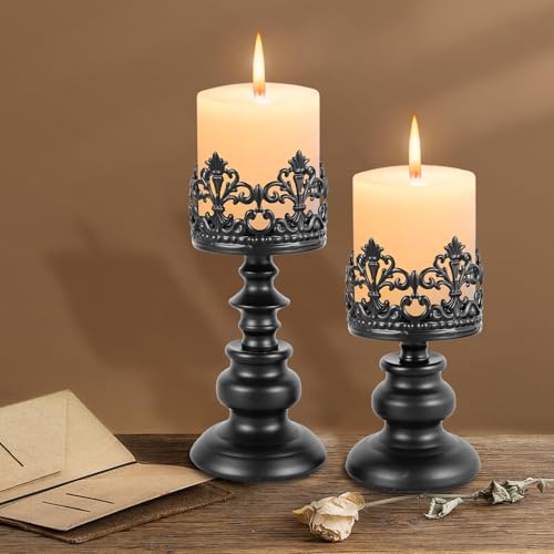 2pcs Gothic Candle Holder, Iron Candle Holder with Openwork Pattern, Halloween Candle Holders, Vintage Candle Holders for Table Centerpiece, Gothic Candle Stand Set for Pillar Candles (Black)