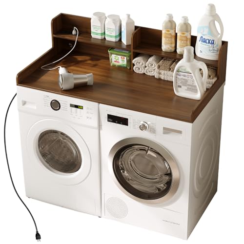 HOTAMO Washer Dryer Countertop with 2 Adjustable Shelves and Charging Station, 53.94' x 27.56' Laundry Countertop for Washer and Dryer, Laundry Room Storage Organizer, Walnut