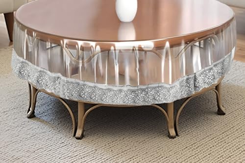 Image of The Furnishing Tree Round Shaped Center Transparent Table Cover WxL 36x36 inches 0.25 mm Thickness with Silver Lace