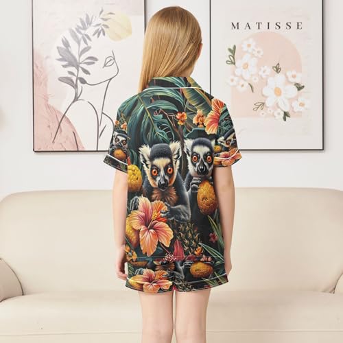 Satin Pajama Sets Short Sleeve Tropical Lemurs Flowers Button Down Silky Nightwear 2 Piece PJS 5-14Y4