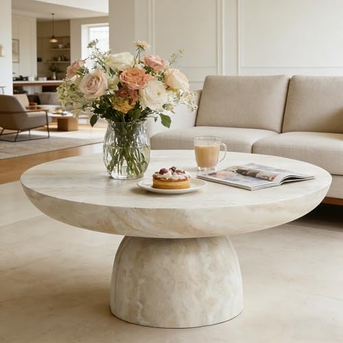 31.5" Modern Faux Marble Coffee Table, Round Stone Coffee Table w...