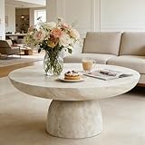 YOPENG 31.5" Modern Faux Marble Coffee Table, Round Stone Coffee Table with Cylindrical Leg, Fiberglass Drum Circle Center Table, Sofa Side End Tables for Living Room Apartment Home Cocktail Tea