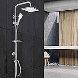 ECD Germany Duschsystem Duscharmatur Edelstah Runde Duschstange Eckige Weiße Kopfbrause Handbrause mit Anti-Kalk Düsen Duschschlauch, Montagematerial Duschset Regenduschset Regendusche Duschkopf