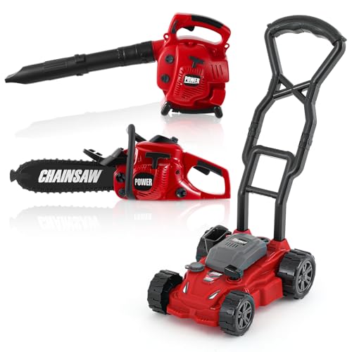 Arrowbash 3 Pcs Toy Gardening Tool Set for Kids Toy Leaf Blower Chainsaw Push Lawn Mower Pretend Set with Lights and Sounds Christmas Birthday Gifts for Boys Girls