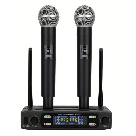 Microfoni dinamici professionali UHF wireless a doppio canale con base ricevente - Nero