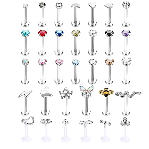 Drperfect 33PCS 16G Stainless Steel Internal Thread CZ Stud Piercing Jewelry for Tragus/Conch/Helix/Nose/Lip/Labret Cartilage Earrings Flatback Butterfly/Bee/Nose Rings for Women & Men (6/8/10mm)