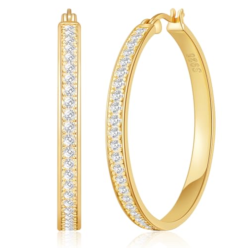 BMMYE Gold Hoops Earrings for Women Hypoallergenic Cubic Zirconia Hoop Earring for Women 14K Gold Plated Hoops Sparkly Rhinestone Earrings 40mm Hoop